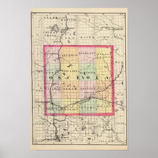 ミシガン州オセオラの地図 ポスター (正面)