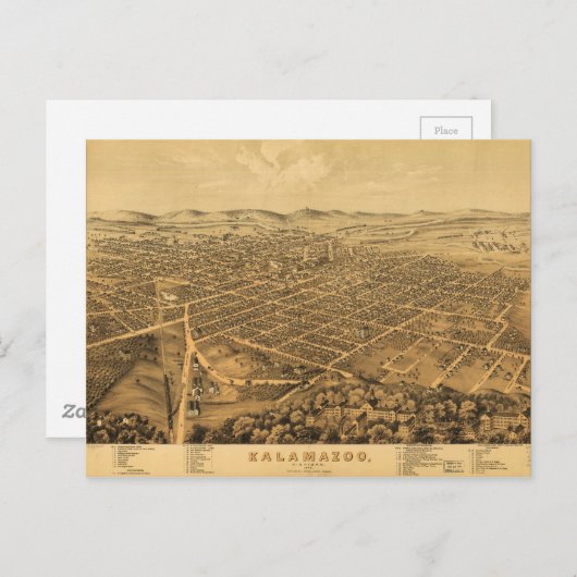 ミシガン州カラマズーの空中眺め(1874年) ポストカード (正面/裏面)