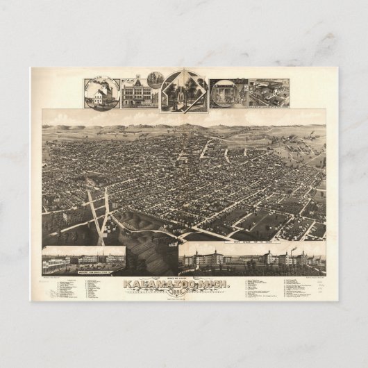 ミシガン州カラマズーの鳥瞰図（1883年） ポストカード (正面)