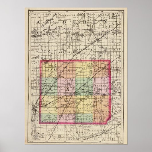 ミシガン州キャス郡の地図 ポスター (正面)