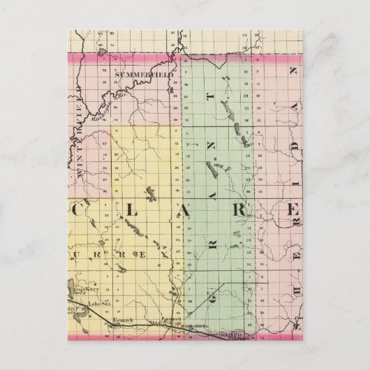 ミシガン州クレアの地図 ポストカード (正面)