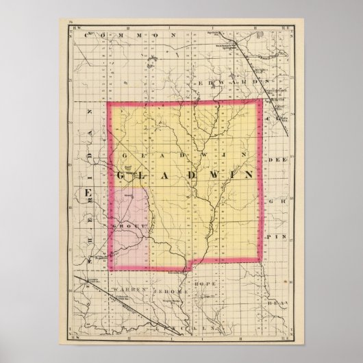 ミシガン州グラドウィン郡の地図 ポスター (正面)