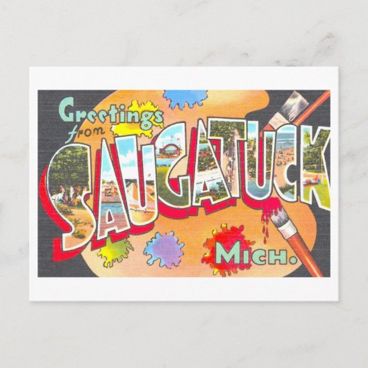 ミシガン州サウガタックからのヴィンテージの挨拶 ポストカード (正面)