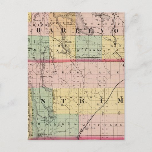 ミシガン州シャルルヴォワとアントリムの地図 ポストカード (正面)