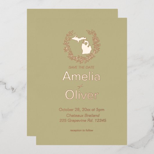 ミシガン州デスティネーションウェディング 箔招待状 (正面/裏面)