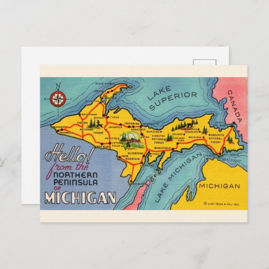 ミシガン州ノーザンペニンシュラの地図ポストカード ポストカード (正面/裏面)