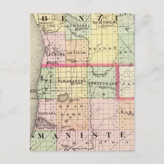 ミシガン州ベンジー・マニスティー郡の地図 ポストカード (正面)