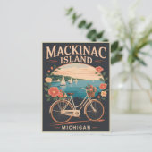 ミシガン州マキナック島のビンテージ風景と自転車と花 ポストカード (スタンド正面)