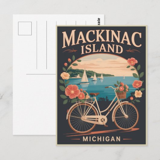 ミシガン州マキナック島のビンテージ風景と自転車と花 ポストカード (正面/裏面)