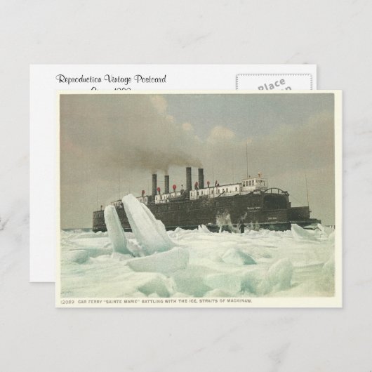 ミシガン州マッキノー海峡のヴィンテージカーフェリー ポストカード (正面/裏面)