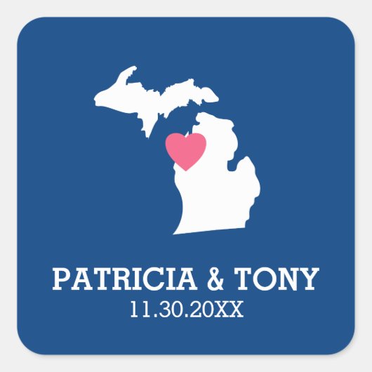 ミシガン州マップカスタムとハートと名前 スクエアシール (正面)