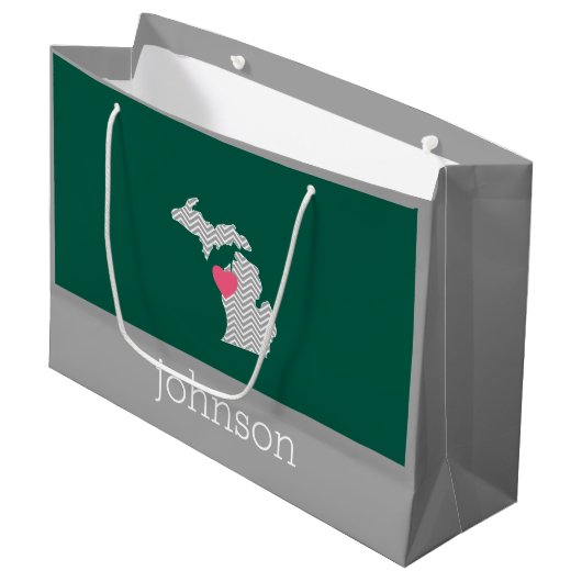 ミシガン州マップカスタムとハートと名前 ラージペーパーバッグ (正面アングル)