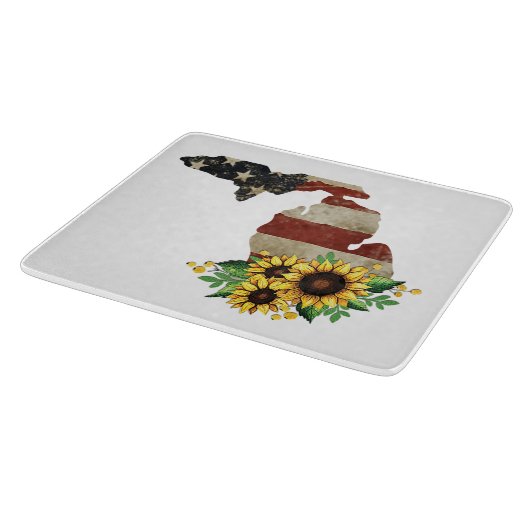 ミシガン州マップ米国国旗ひまわりガラス カッティングボード (角)