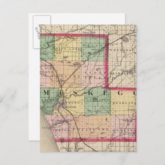 ミシガン州ムスケゴン郡の地図 ポストカード (正面/裏面)