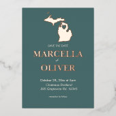 ミシガン州日付の宛先の結婚式を保存 箔招待状 (正面)