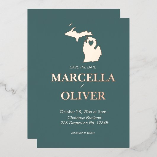 ミシガン州日付の宛先の結婚式を保存 箔招待状 (正面/裏面)