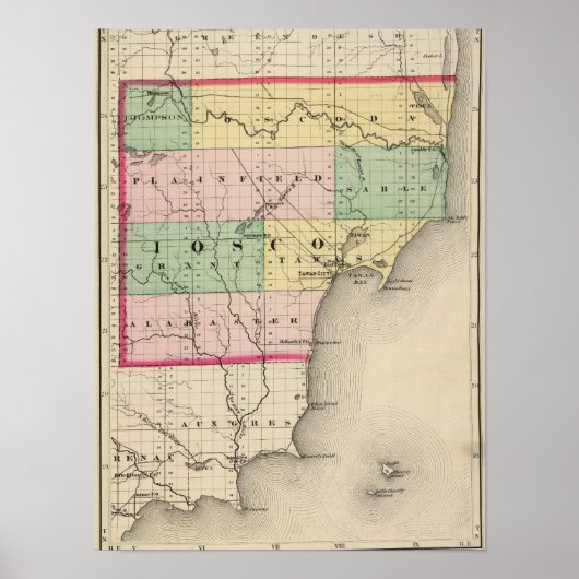ミシガン州iosco郡の地図 ポスター (正面)