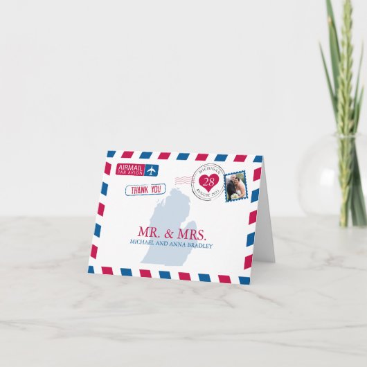 ミシガン州USA エアメール 結婚式 感謝カード (正面)
