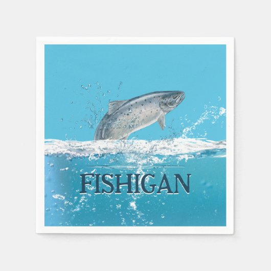 ミシガン文字で水中のサーモン魚 スタンダードカクテルナプキン (正面)