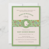 ミシガン森の動物 グリーン ベビーシャワー 招待状 (正面)