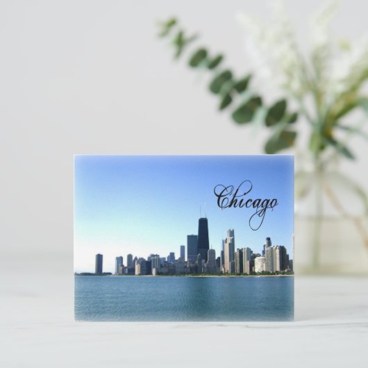 ミシガン湖から向かうシカゴのスカイライン写真 ポストカード (スタンド正面)