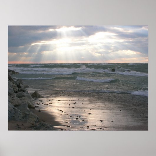 ミシガン湖上空の嵐の夕日のポスター ポスター (正面)