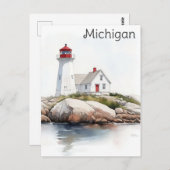 ミシガン素晴らしレイクスライトハウスウォーターカラートラベル ポストカード (正面/裏面)