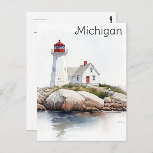 ミシガン素晴らしレイクスライトハウスウォーターカラートラベル ポストカード (正面/裏面)