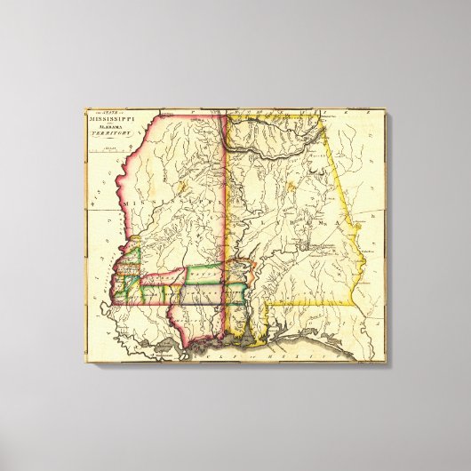 ミシシッピとアラバマのパノラマの地図 キャンバスプリント (正面)