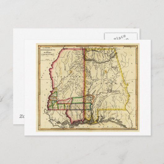 ミシシッピとアラバマのパノラマの地図 ポストカード (正面/裏面)
