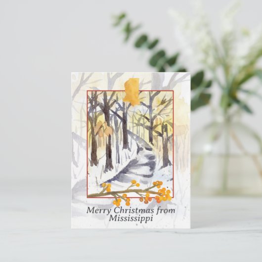 ミシシッピーの木々に降る冬の雪のクリスマス シーズンポストカード (スタンド正面)
