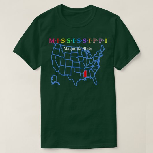 ミシシッピ州マグノリア州と地図 Tシャツ (デザイン正面)