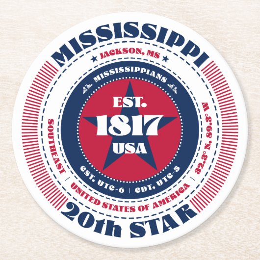 ミシシッピ赤白青タイポグラフィ ラウンドペーパーコースター (正面)