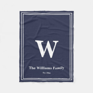 ミシンプルッドナイトブルーホワイトモノグラム&ネーム フリースブランケット