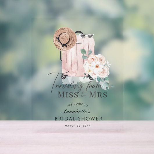 ミスからミセスへのトラベル ピンクスーツケース ブライダルシャワー アクリルサイン (ニュートラル)