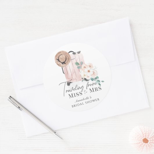 ミスからミセスへの旅 ピンクのスーツケース ブライダルシャワー ラウンドシール (封筒)