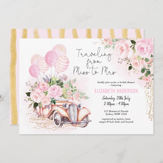 ミスからミセスへの花の旅 ブライダルシャワー 招待状 (正面/裏面)