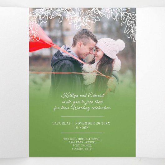 ミスタルトー結婚グリーン白の食事オプションRSVP Tri 三つ折り招待状 (内部中)