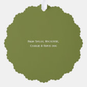 ミスタントーの写真と文字のパーソナライズされたクリスマス オーナメントカード (裏面)