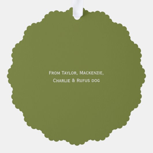 ミスタントーの写真と文字のパーソナライズされたクリスマス オーナメントカード (裏面)