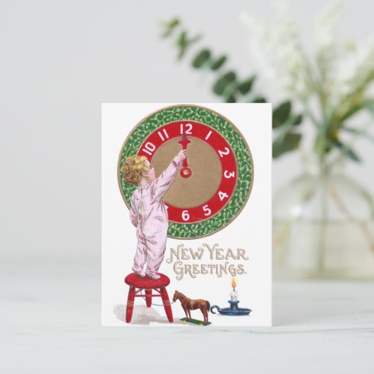 ミスタントー時計と幼児の新年の挨拶 シーズンポストカード (スタンド正面)