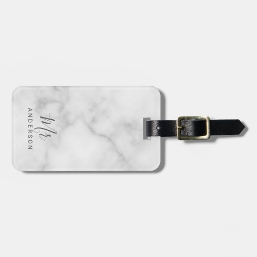ミスターとミセス|白エレガント大理石スクリモダンプト ラゲッジタグ (正面横)