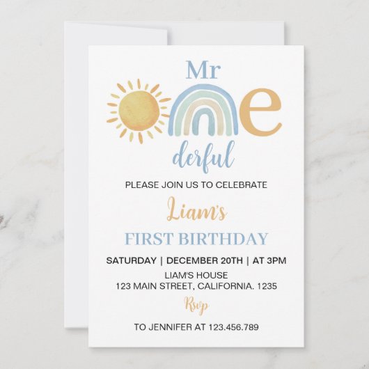 ミスターオネダーフルサンシャインレインボー誕生日招待状 招待状 (正面)