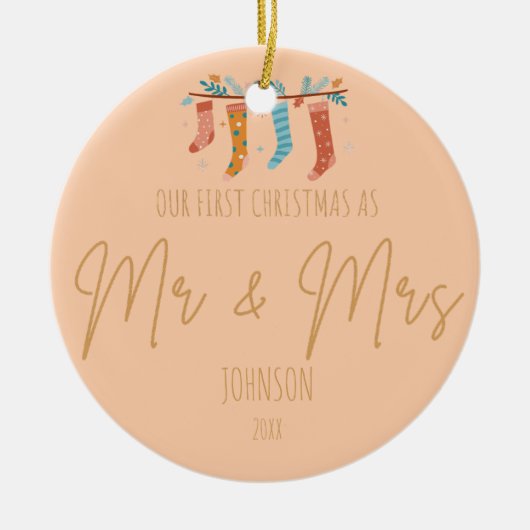 ミスターパーソナライズされた・ミセス・初めてのクリスマス写真 セラミックオーナメント (正面)