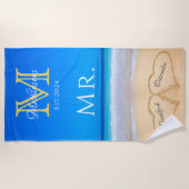 ミスタービーチ結婚式ハートインサンドファミリーモノグラムB ビーチタオル (正面)