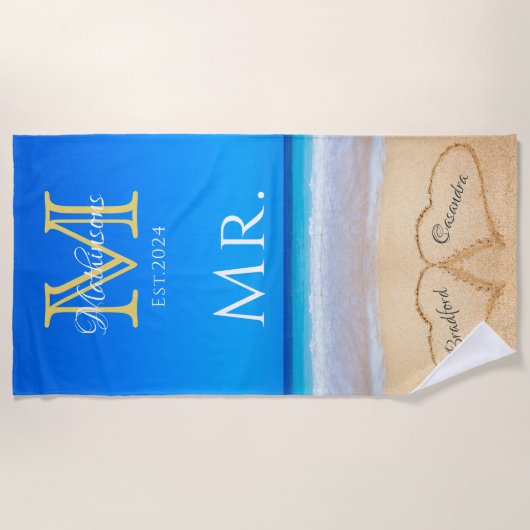 ミスタービーチ結婚式ハートインサンドファミリーモノグラムB ビーチタオル (正面)