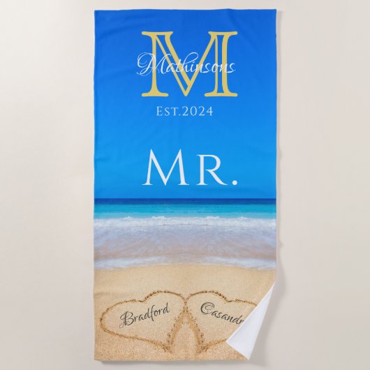 ミスタービーチ結婚式ハートインサンドファミリーモノグラムB ビーチタオル (正面)