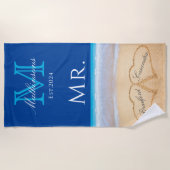 ミスタービーチ結婚式ハートインサンドファミリーモノグラムB ビーチタオル (正面)