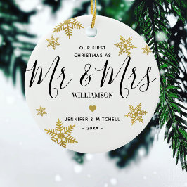 ミスターモダン&ミセス金ゴールドスノーフレーク私たちの最初のクリスマス セラミックオーナメント