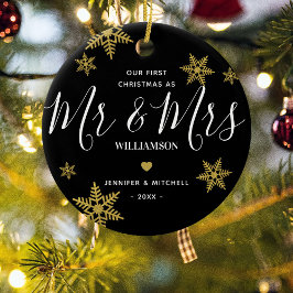 ミスターモダン&ミセス金ゴールドスノーフレーク私たちの最初のクリスマス セラミックオーナメント